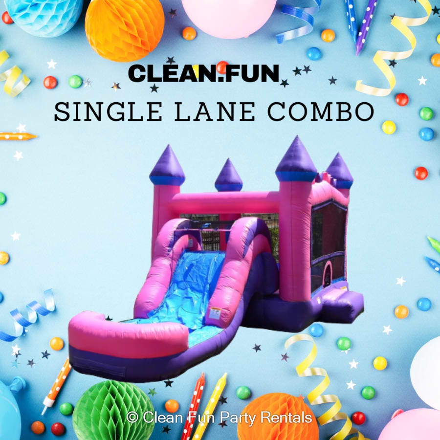 Pink & Purple Single Lane Slide & Bounce Combo Party Rentals Katy TX